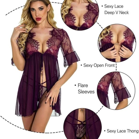 Women's Sexy Lingerie Babydoll Lace Chemise Sheer Mesh Open Front Sleepwear Set - Picture 2 of 7